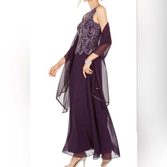 J Kara sleeveless beaded dress with matching scarf & sheer bolero cover up - Picture 5 of 12